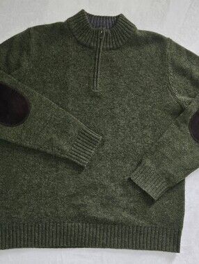 L.L. Bean Shetland Wool Green Elbow Pads Quarter Zip Pullover Sweater L